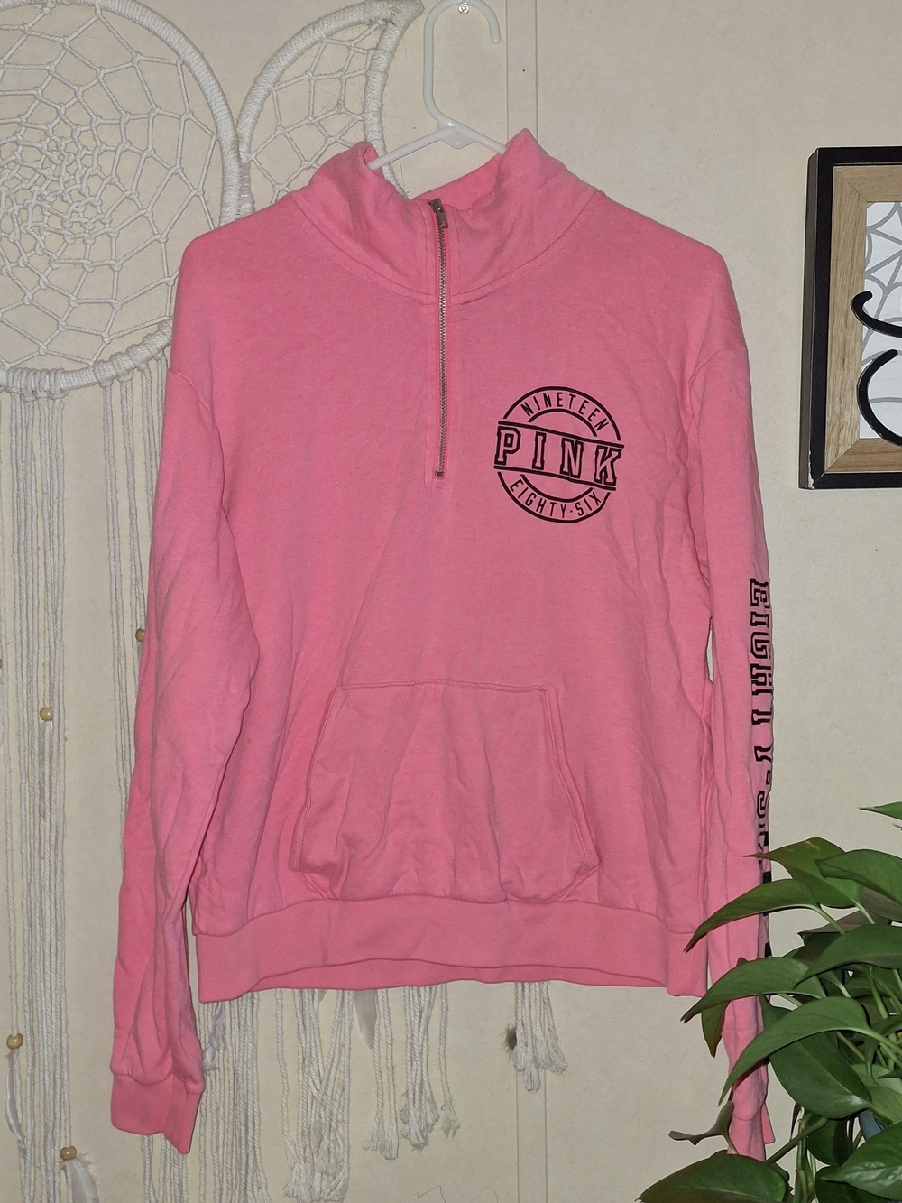 PINK Victoria's Secret Bright Pink Quarter-Zip Pullover Sweatshirt